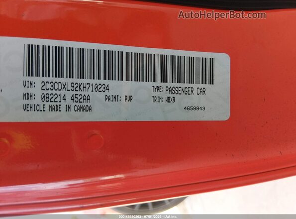 2C3CDXL92KH710234 2019 DODGE CHARGER Orange ძრავის განყოფილების ხედი