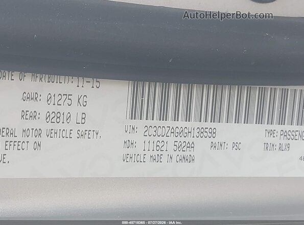 2C3CDZAG0GH138598 2016 DODGE CHALLENGER Silver Вид підкапотного простору