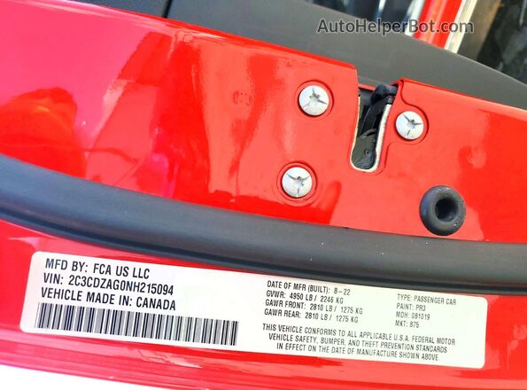 2C3CDZAG0NH215094 2022 DODGE CHALLENGER Red Vista del compartimento del motor