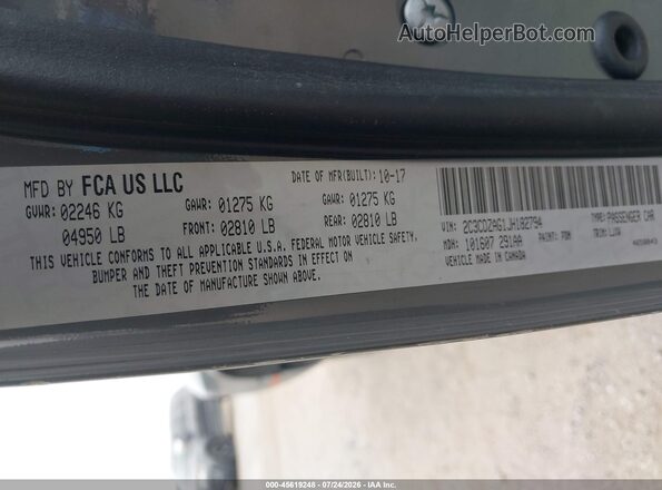 2C3CDZAG1JH182794 2018 DODGE CHALLENGER Gray Вид підкапотного простору