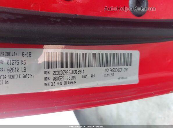 2C3CDZAG3JH315944 2018 DODGE CHALLENGER Red Widok komory silnika