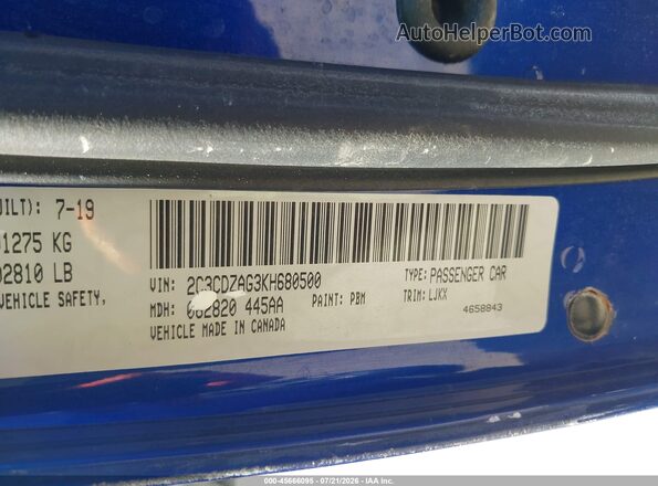 2C3CDZAG3KH680500 2019 DODGE CHALLENGER Синий Вид подкапотного пространства