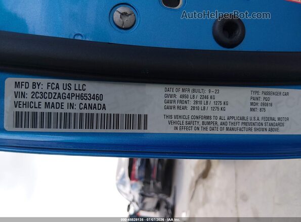 2C3CDZAG4PH653460 2023 DODGE CHALLENGER Blue Widok komory silnika