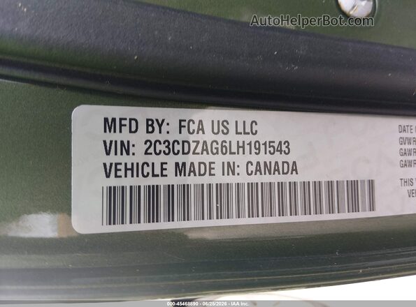 2C3CDZAG6LH191543 2020 DODGE CHALLENGER Зеленый Вид подкапотного пространства