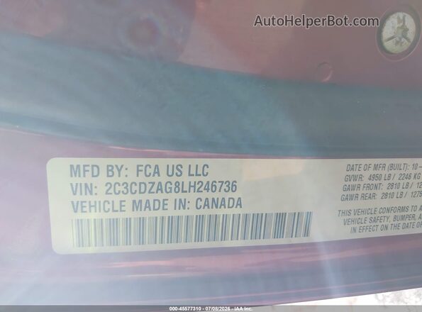 2C3CDZAG8LH246736 2020 DODGE CHALLENGER Red ძრავის განყოფილების ხედი