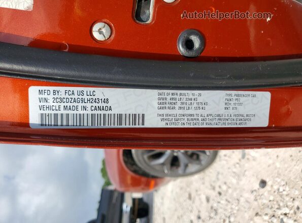 2C3CDZAG9LH243148 2020 DODGE CHALLENGER Orange Widok naklejki z numerem VIN
