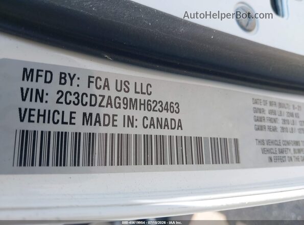 2C3CDZAG9MH623463 2021 DODGE CHALLENGER White Vista del compartimento del motor