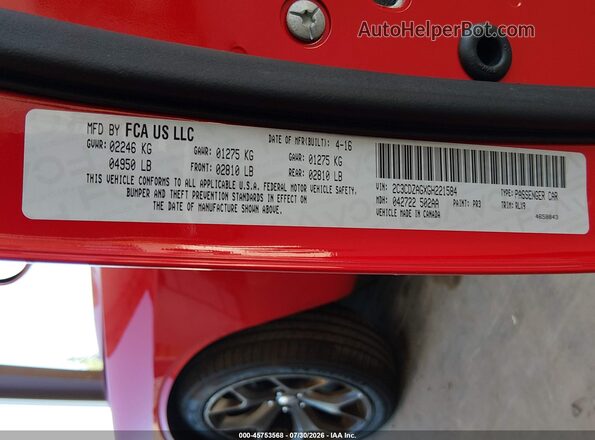 2C3CDZAGXGH221584 2016 DODGE CHALLENGER Red Vista del compartimento del motor