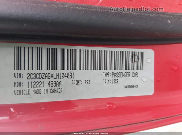 2C3CDZAGXLH104081 2020 DODGE CHALLENGER Красный Вид подкапотного пространства
