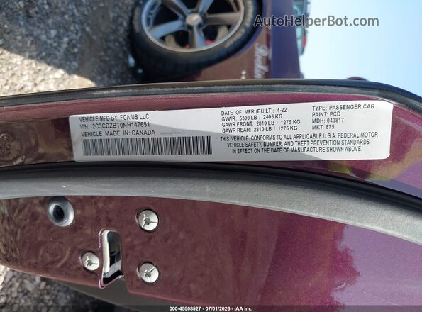 2C3CDZBT0NH147651 2022 DODGE CHALLENGER Purple ძრავის განყოფილების ხედი