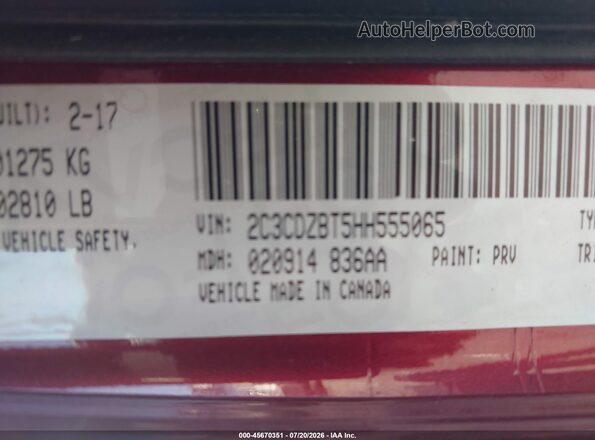 2C3CDZBT5HH555065 2017 DODGE CHALLENGER Burgundy Widok komory silnika