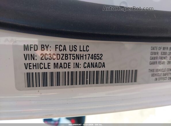 2C3CDZBT5NH174652 2022 DODGE CHALLENGER White Вид підкапотного простору