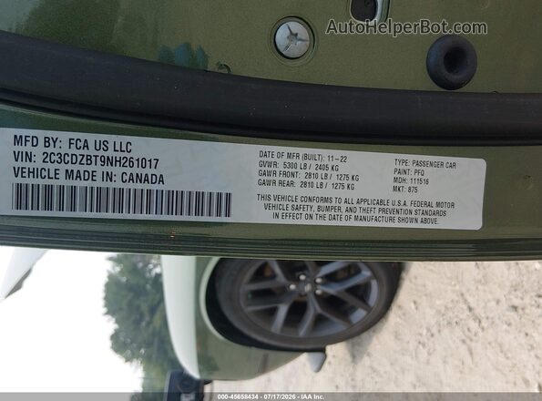 2C3CDZBT9NH261017 2022 DODGE CHALLENGER Green Engine compartment view