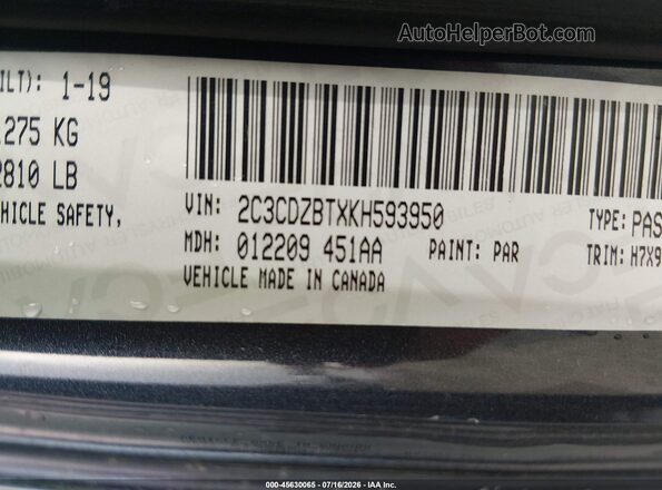 2C3CDZBTXKH593950 2019 DODGE CHALLENGER Черный Вид подкапотного пространства