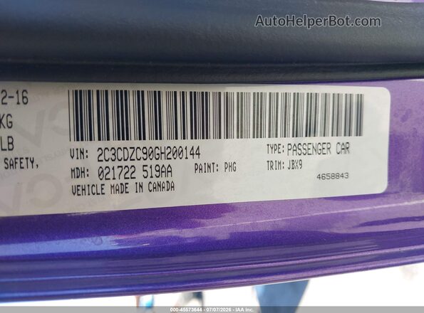 2C3CDZC90GH200144 2016 DODGE CHALLENGER Purple Widok komory silnika