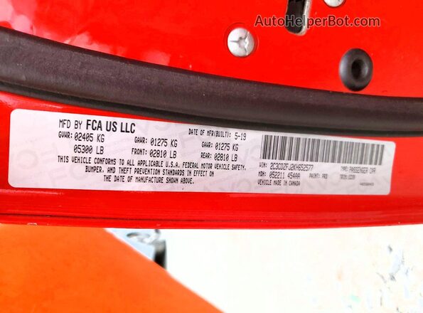 2C3CDZFJ2KH652577 2019 DODGE CHALLENGER Red Вид наклейки з VIN-кодом