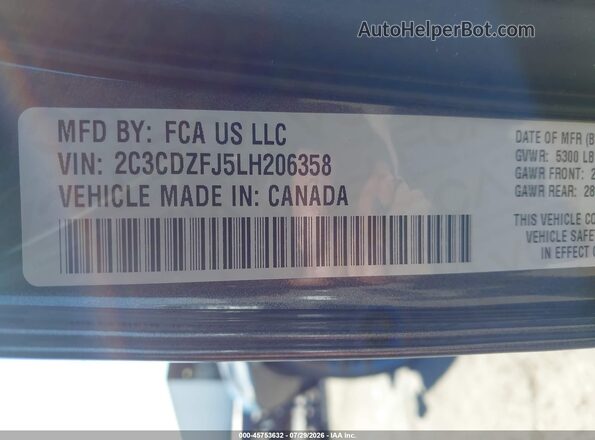 2C3CDZFJ5LH206358 2020 DODGE CHALLENGER Gray Вид підкапотного простору