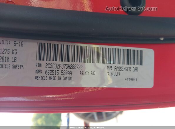 2C3CDZFJ7GH288728 2016 DODGE CHALLENGER Красный Вид подкапотного пространства