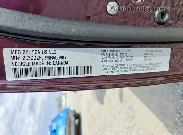 2C3CDZFJ7MH650987 2021 DODGE CHALLENGER Purple Engine compartment view