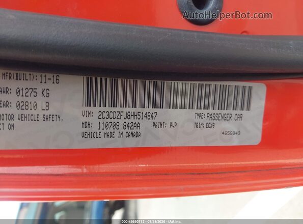 2C3CDZFJ8HH514647 2017 DODGE CHALLENGER Оранжевый Вид подкапотного пространства
