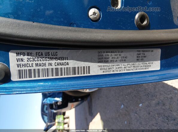 2C3CDZGG3MH543311 2021 DODGE CHALLENGER Blue ძრავის განყოფილების ხედი