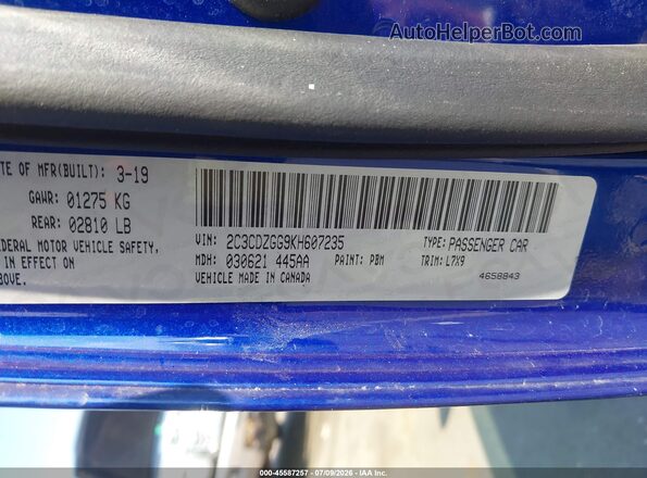 2C3CDZGG9KH607235 2019 DODGE CHALLENGER Blue Widok komory silnika