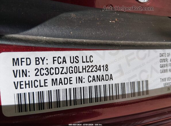 2C3CDZJG0LH223418 2020 DODGE CHALLENGER Бордовый Вид подкапотного пространства