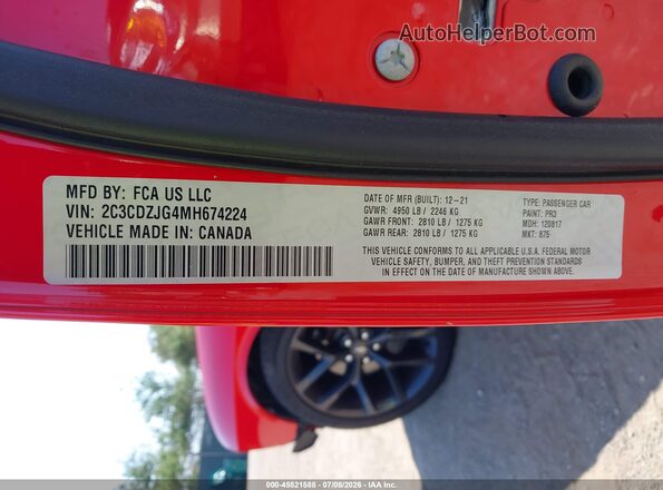 2C3CDZJG4MH674224 2021 DODGE CHALLENGER Red Widok komory silnika