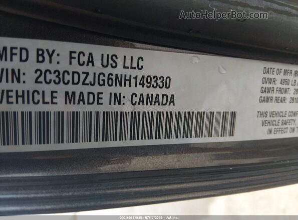 2C3CDZJG6NH149330 2022 DODGE CHALLENGER Gray Engine compartment view