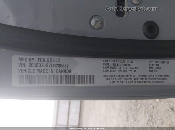 2C3CDZJG7LH230687 2020 DODGE CHALLENGER Light Blue Engine compartment view