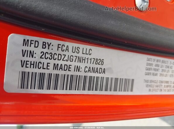 2C3CDZJG7NH117826 2022 DODGE CHALLENGER Orange Вид підкапотного простору