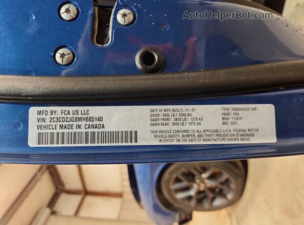 2C3CDZJG8MH665140 2021 DODGE CHALLENGER Blue VIN კოდის სტიკერის ხედი