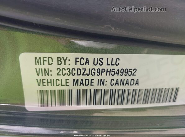 2C3CDZJG9PH549952 2023 DODGE CHALLENGER Зеленый Вид подкапотного пространства