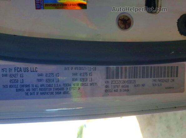 2C3CDZKG9KH558125 2019 DODGE CHALLENGER White ძრავის განყოფილების ხედი