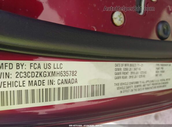 2C3CDZKGXMH635782 2021 DODGE CHALLENGER Maroon Вид підкапотного простору