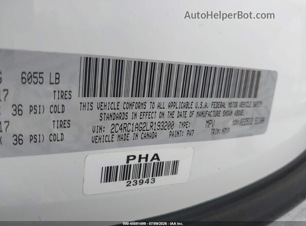 2C4RC1AG2LR193200 2020 CHRYSLER VOYAGER White Vista del compartimento del motor