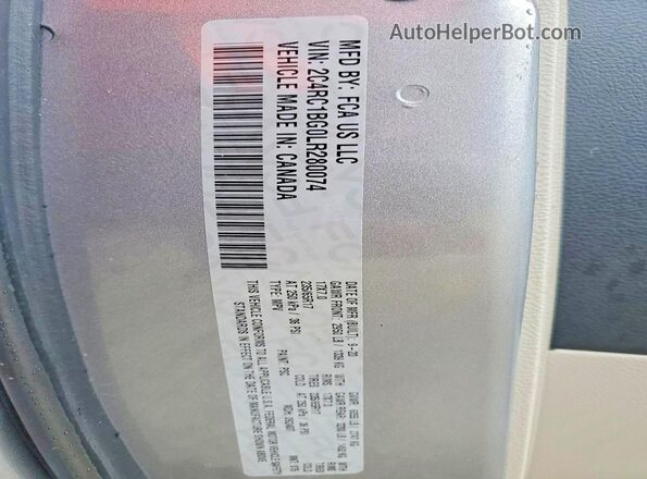 2C4RC1BG0LR280074 2020 CHRYSLER PACIFICA Gray Widok naklejki z numerem VIN