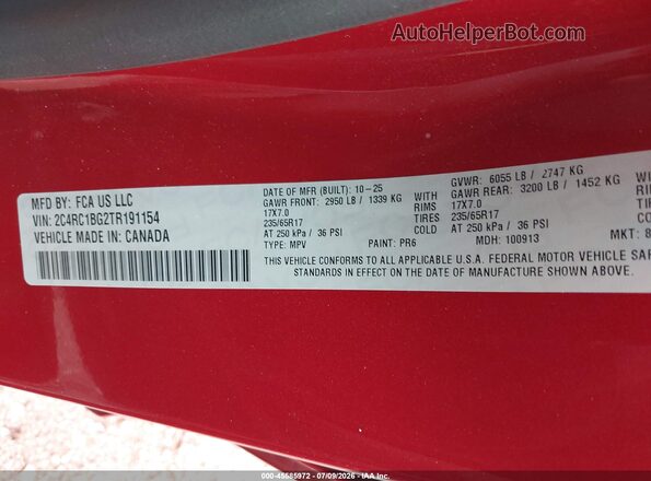 2C4RC1BG2TR191154 2026 CHRYSLER PACIFICA Red Vista del compartimento del motor