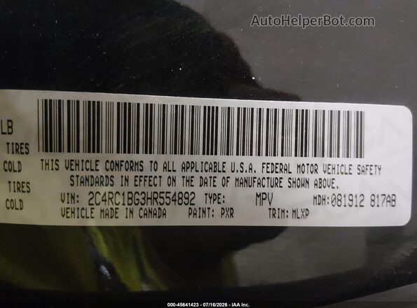 2C4RC1BG3HR554892 2017 CHRYSLER PACIFICA Black Widok komory silnika