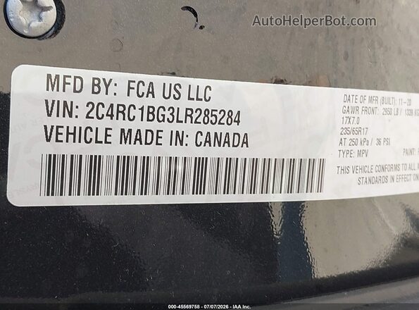 2C4RC1BG3LR285284 2020 CHRYSLER PACIFICA Black Вид наклейки з VIN-кодом