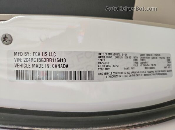 2C4RC1BG3RR116410 2024 CHRYSLER PACIFICA White VIN կոդի պիտակի տեսք