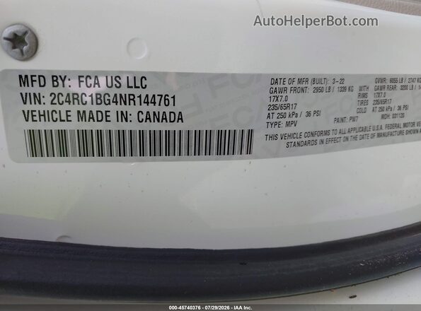 2C4RC1BG4NR144761 2022 CHRYSLER PACIFICA Белый Вид подкапотного пространства
