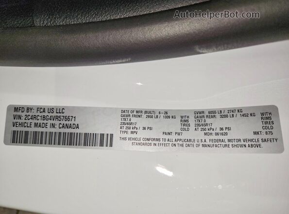 2C4RC1BG4VR576671 2027 CHRYSLER PACIFICA White VIN կոդի պիտակի տեսք