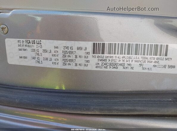 2C4RC1BG5GR214433 2016 CHRYSLER TOWN & COUNTRY Gray Vista del compartimento del motor