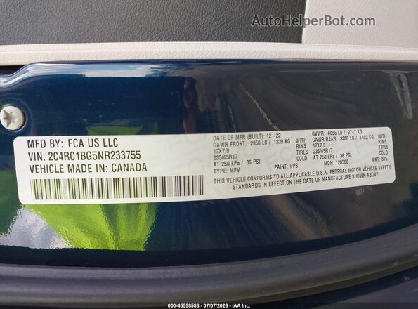 2C4RC1BG5NR233755 2022 CHRYSLER PACIFICA Синий Вид подкапотного пространства