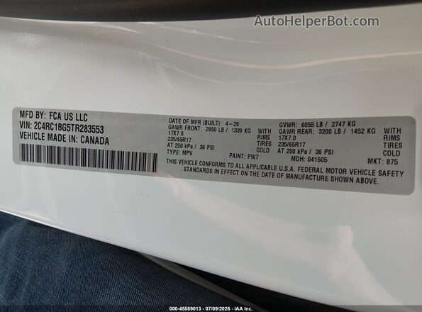 2C4RC1BG5TR283553 2026 CHRYSLER PACIFICA White Vista del compartimento del motor
