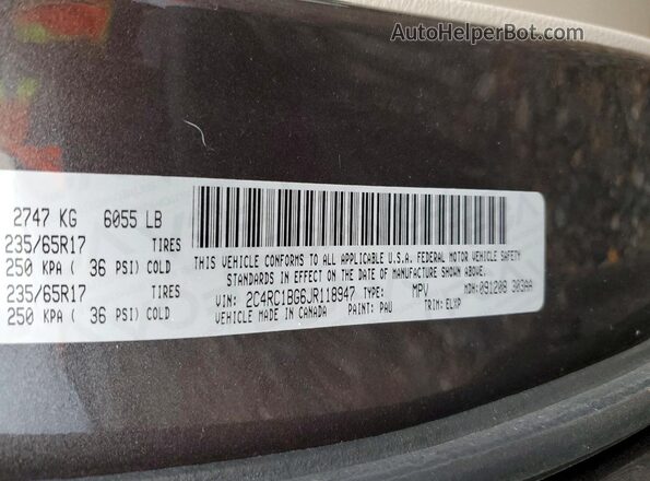 2C4RC1BG6JR118947 2018 CHRYSLER PACIFICA Gray VIN կոդի պիտակի տեսք