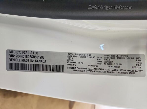 2C4RC1BG6SR551993 2025 CHRYSLER PACIFICA Белый Вид наклейки с VIN-кодом