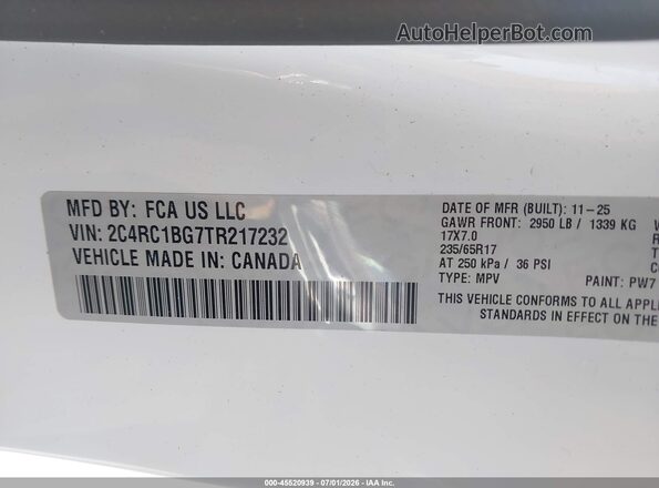 2C4RC1BG7TR217232 2026 CHRYSLER PACIFICA White Շարժիչի բաժամունքի տեսք