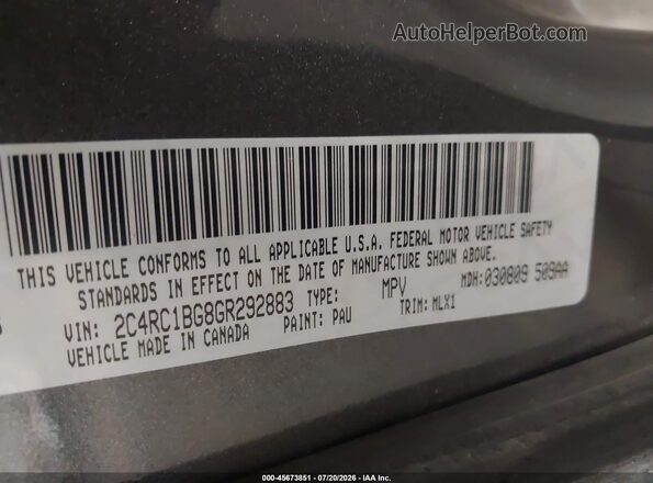 2C4RC1BG8GR292883 2016 CHRYSLER TOWN & COUNTRY Серый Вид подкапотного пространства